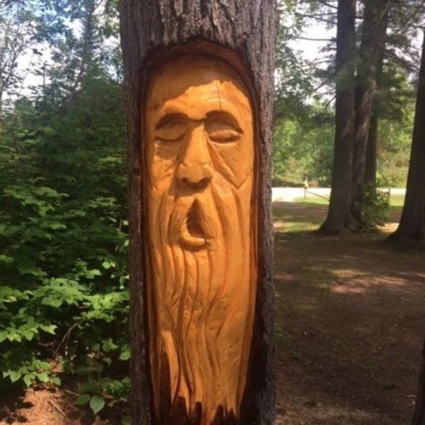 wind spirit carved into a tree trunk